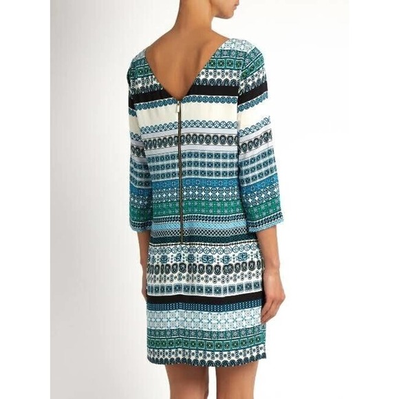 Diane Von Furstenberg Silk Shift Dress 6 Geometric Stripe Boat Neck 3/4 Sleeve - Picture 4 of 16